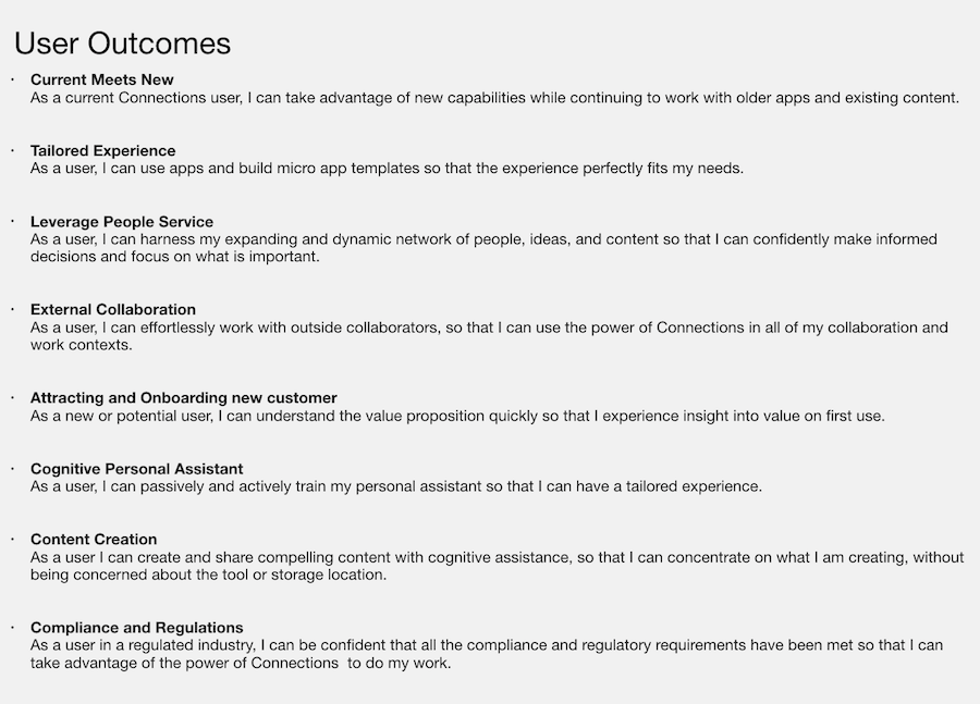 List of user outcomes for Connections